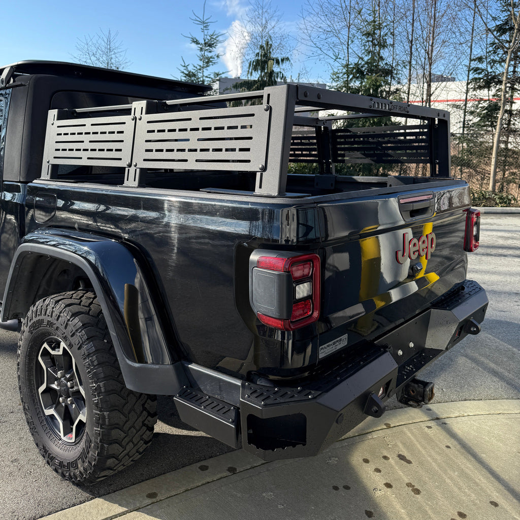 side view of 2020–2026 Jeep Gladiator JT with bed cargo rack and off-road rear bumper installed