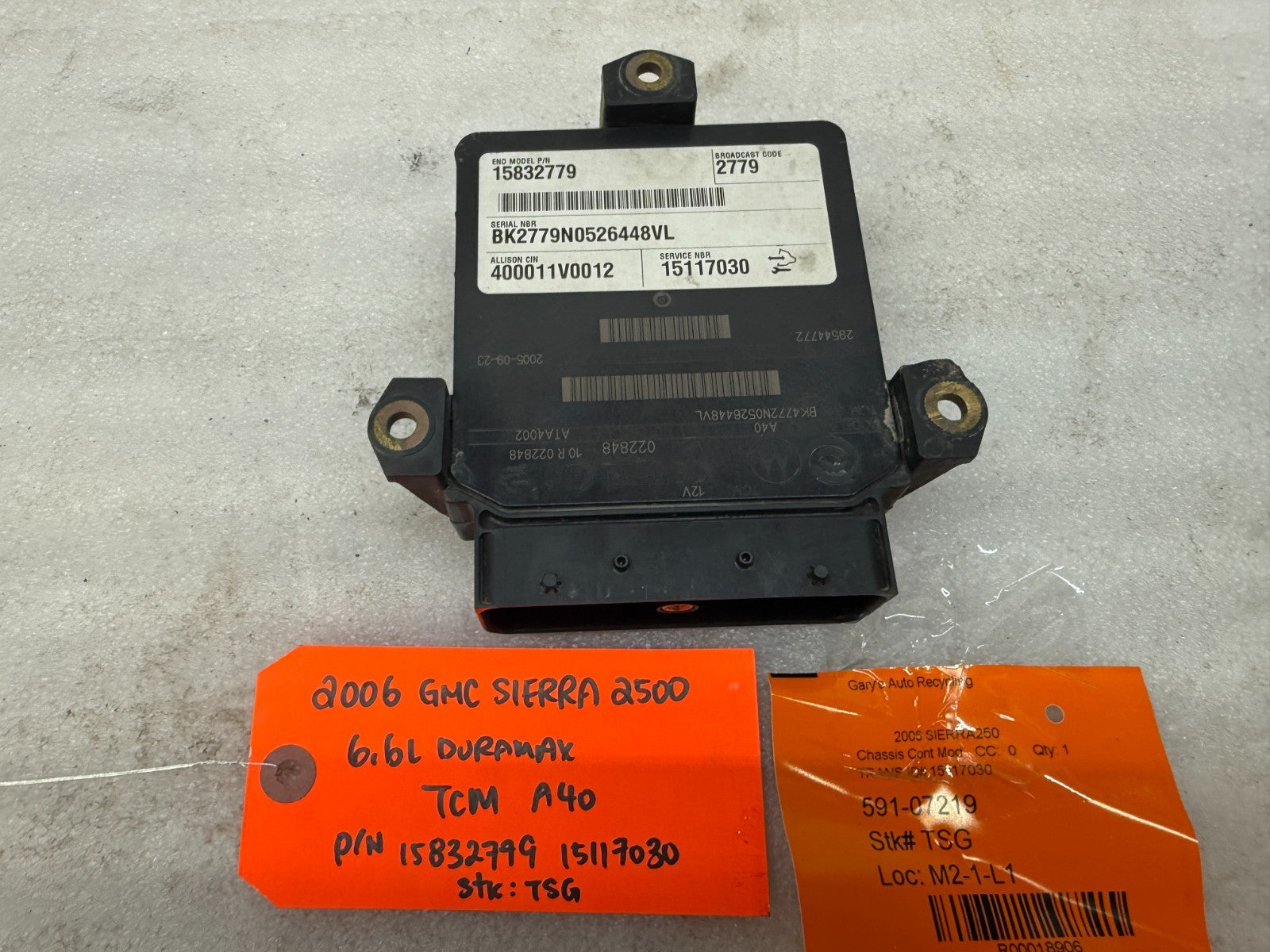 06 07 08 GMC SIERRA ALLISON A40 TRANSMISSION CONTROL MODULE TCM TCU A40 15117030