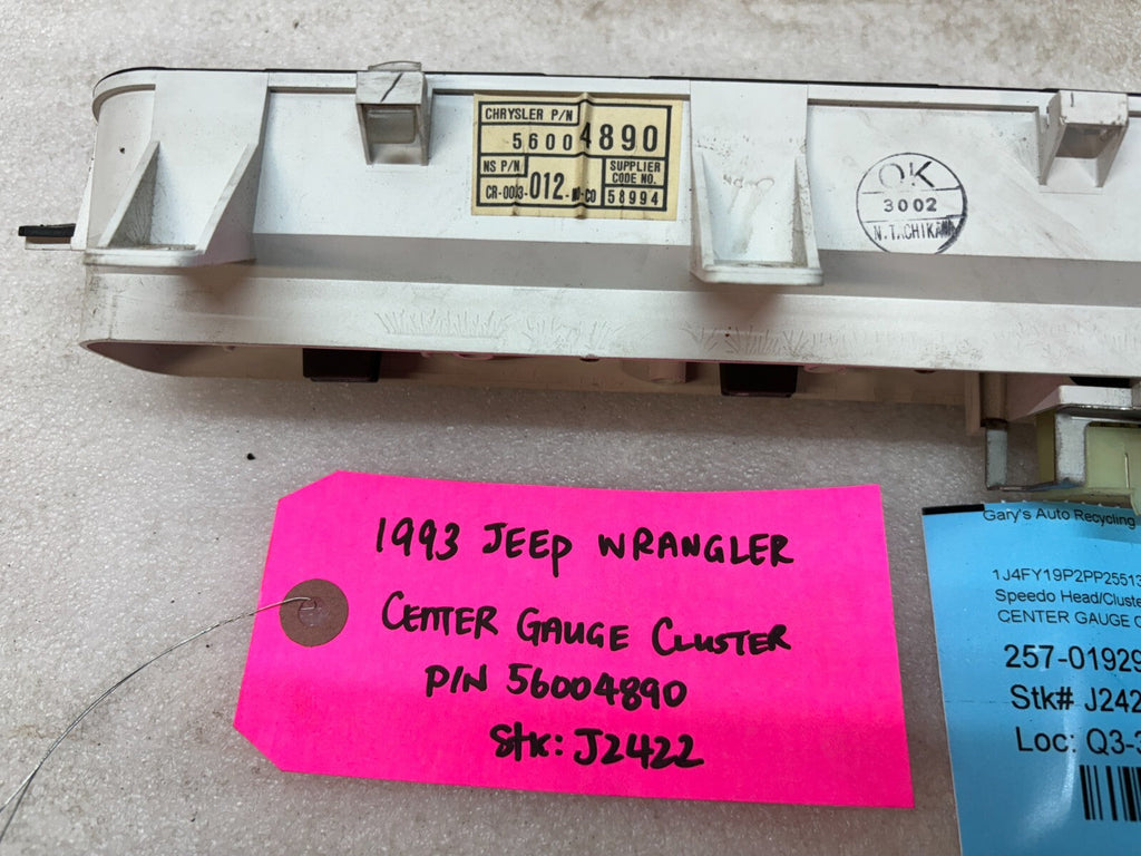 92-95 JEEP WRANGLER YJ OEM METRIC CENTER GAUGE CLUSTER P56004890