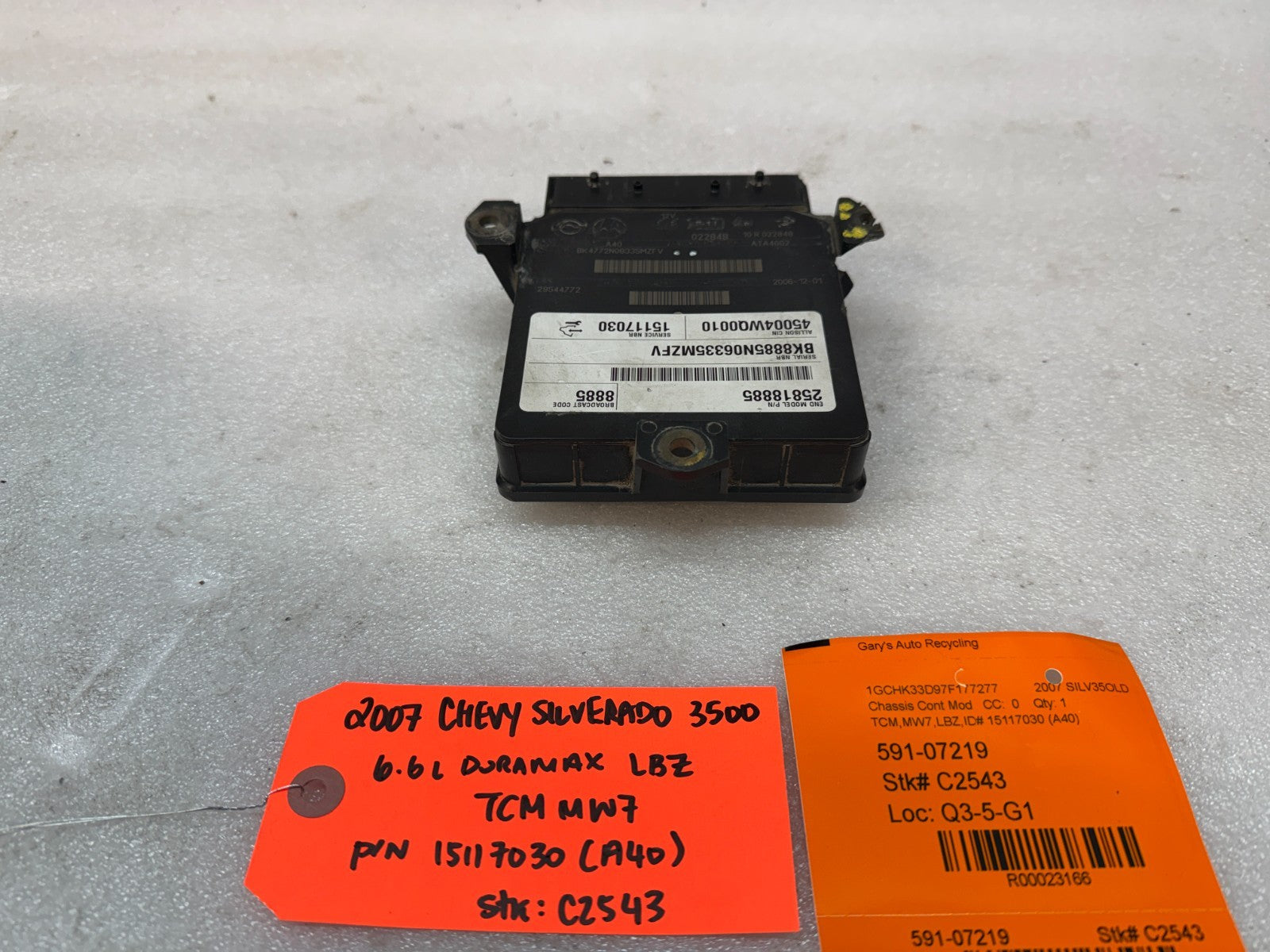 06 07 08 GMC SIERRA ALLISON A40 TRANSMISSION CONTROL MODULE TCM TCU A40 15117030