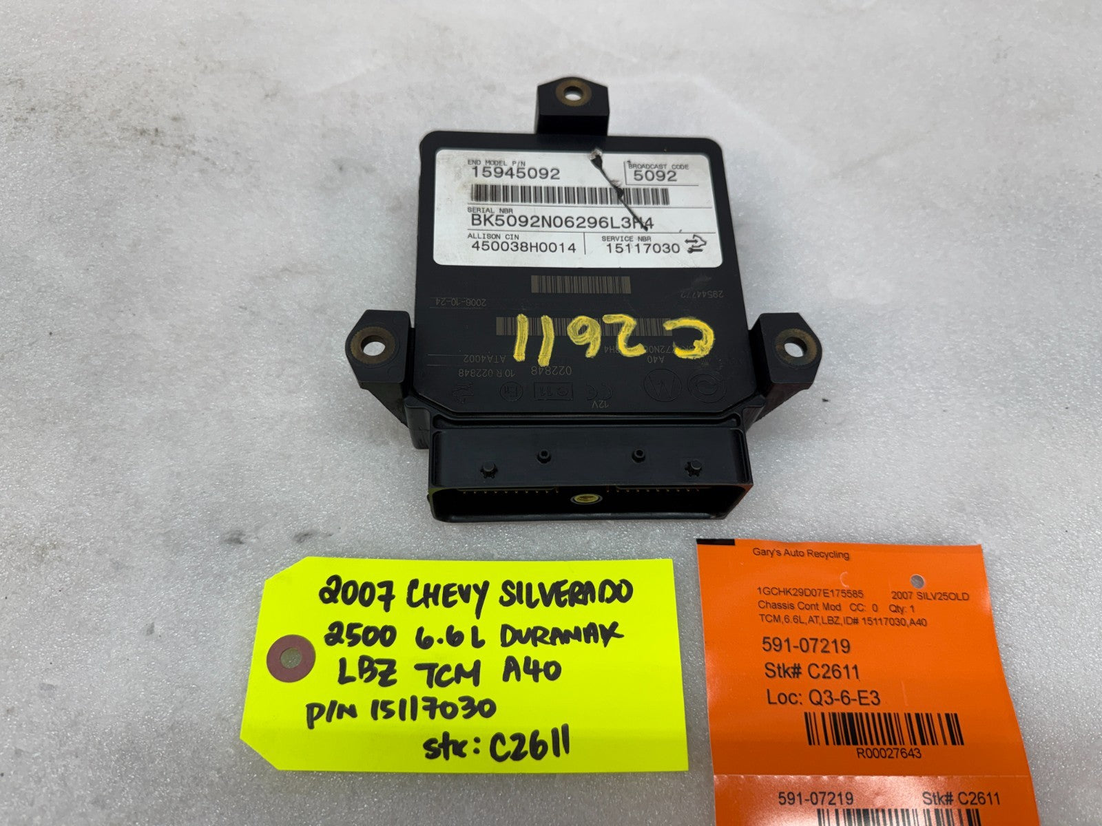 06 07 08 GMC SIERRA ALLISON A40 TRANSMISSION CONTROL MODULE TCM TCU A40 15117030