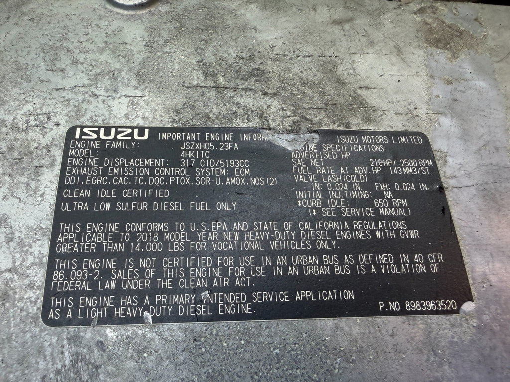 19 ISUZU NRR NPR NQR 5.2 COMPLETE ENGINE ASSEMBLY 4HK1TC 130k