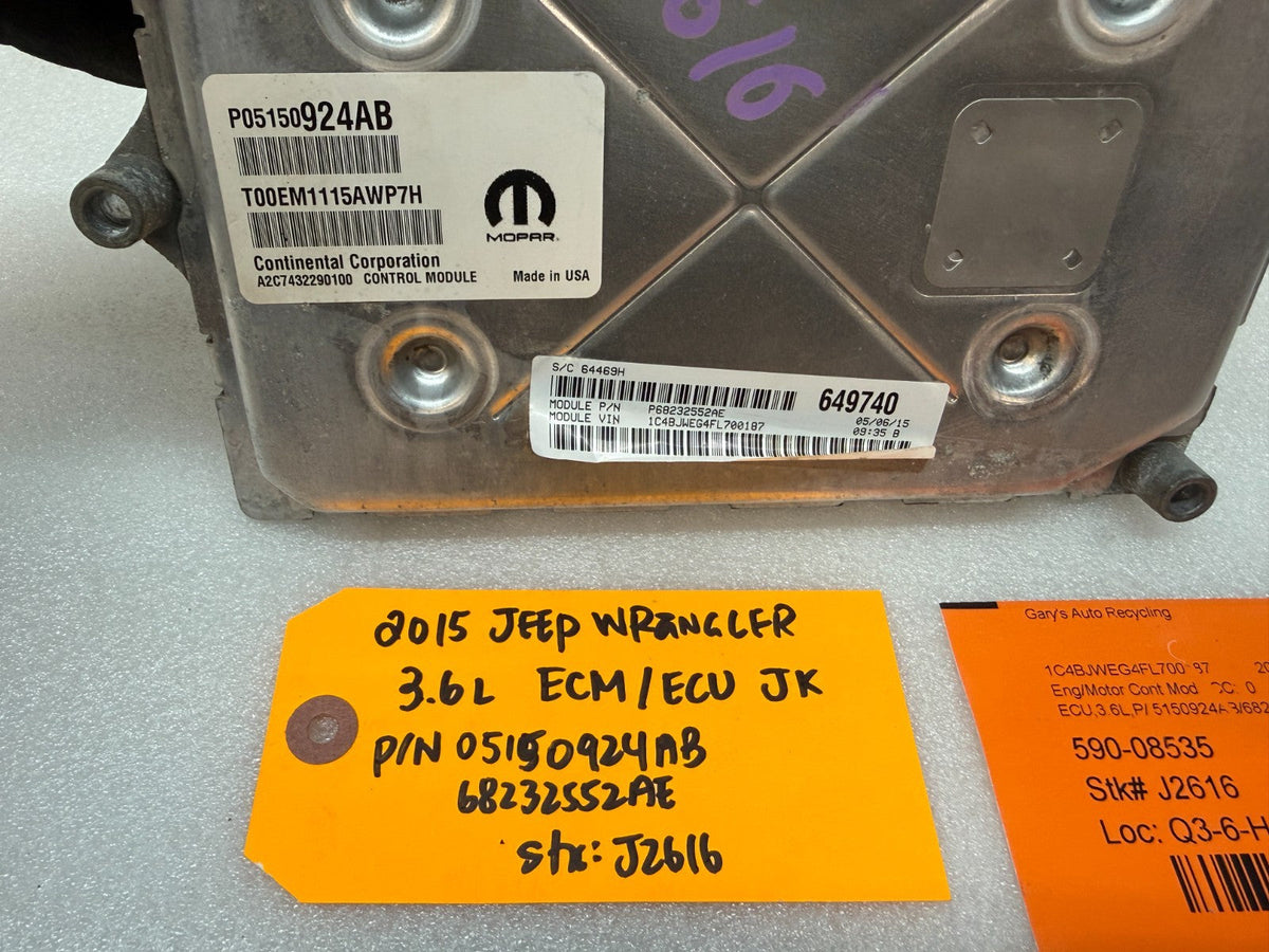 15 JEEP WRANGLER JK 3.6 MANUAL TRANS ENGINE COMPUTER ECM ECU P05150924AB