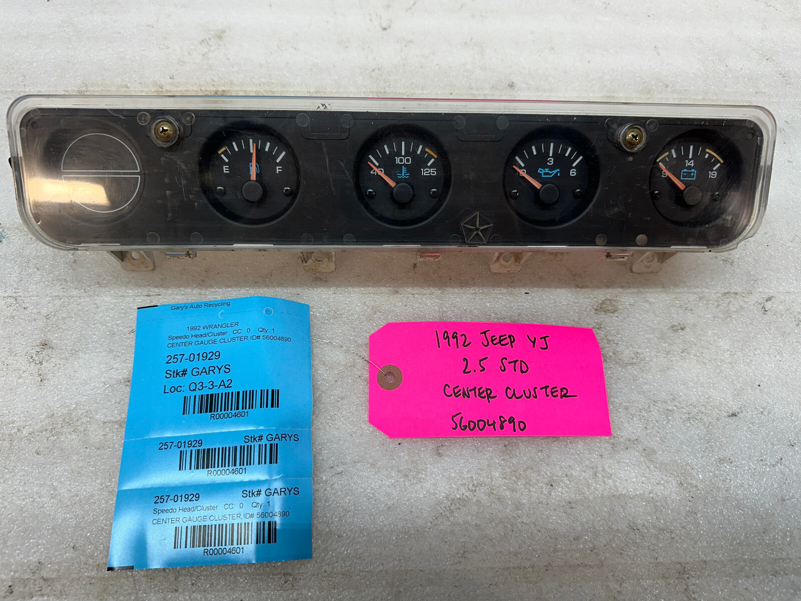 92-95 JEEP WRANGLER YJ OEM METRIC CENTER GAUGE CLUSTER P56004890