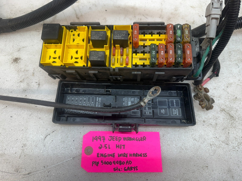 1997 JEEP WRANGLER TJ 2.5 ENGINE MANUAL TRANS FUSE BOX HARNESS LOOM 56009980AD