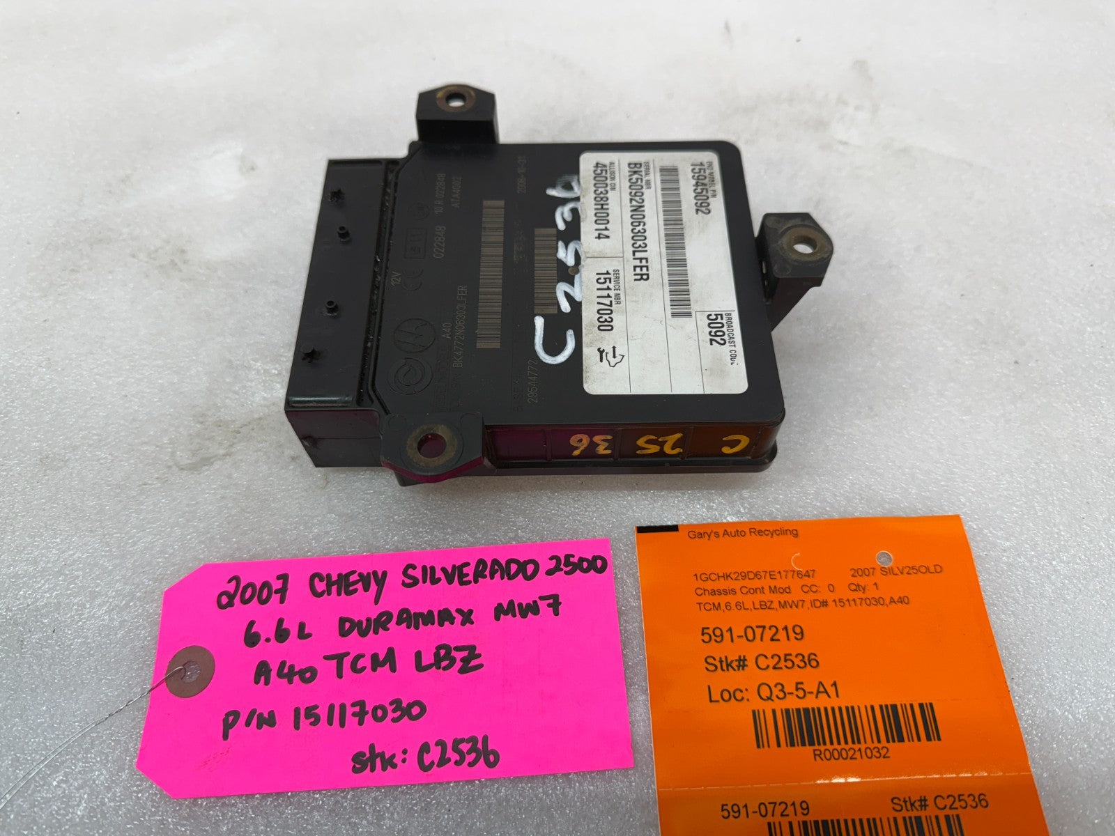 06 07 08 GMC SIERRA ALLISON A40 TRANSMISSION CONTROL MODULE TCM TCU A40 15117030