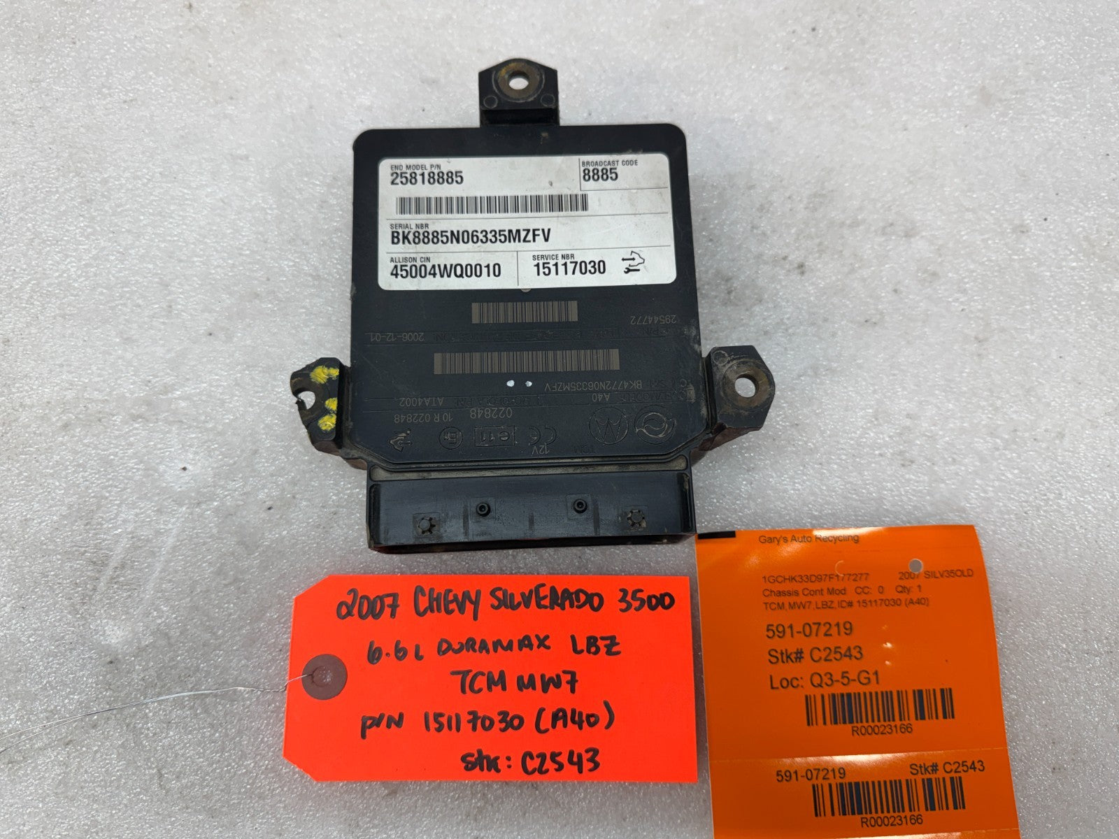 06 07 08 GMC SIERRA ALLISON A40 TRANSMISSION CONTROL MODULE TCM TCU A40 15117030