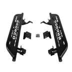 Front view of cab length side steps for 2021-2023 Ford Bronco 2 door textured black with white Bronco lettering